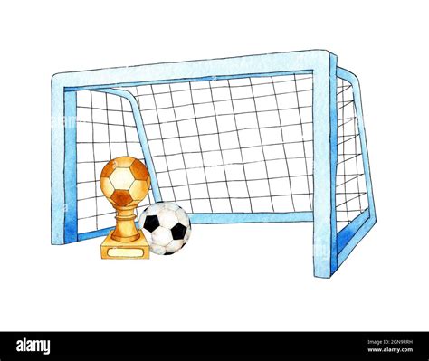 Set Of Watercolor Illustrations Of Soccer Goal Ball And Cup Sports