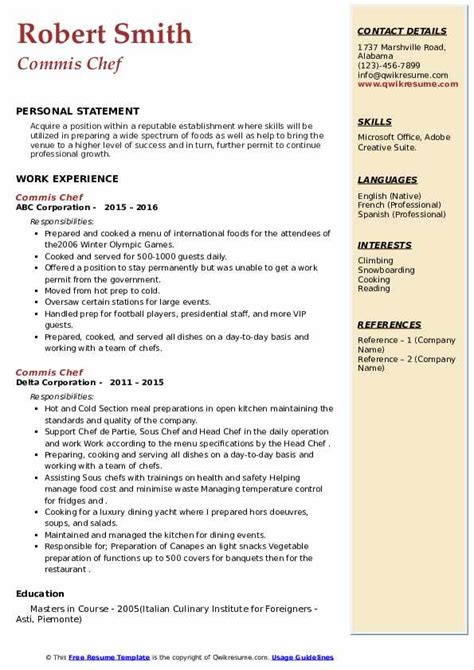 Commis Chef Resume Samples Qwikresume