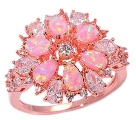 CiNily Opal Ring 14K Rose Gold Plated Pink Opal Cubic Zirconia CZ Ring