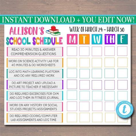 Printable Homeschool Schedule Daily Subject Checklist Printable