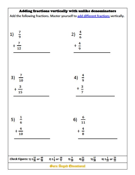 Subtracting Fractions With Unlike Denominators A Adding And