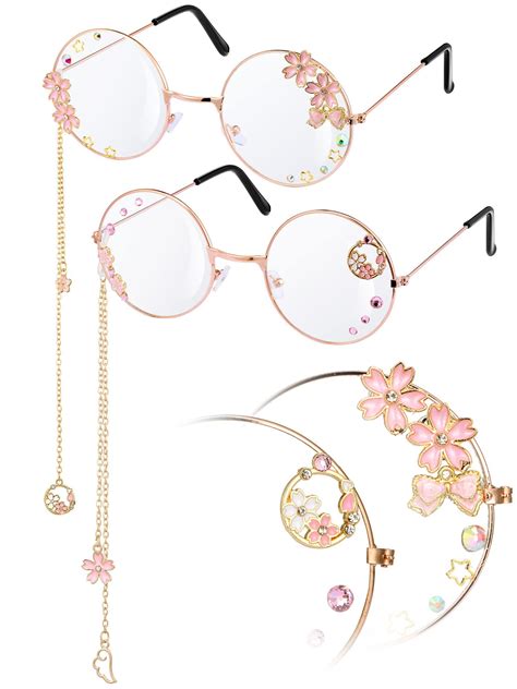 konohan 2 pairs kawaii glasses with chain cosplay cute eyeglass accessories round wire sakura