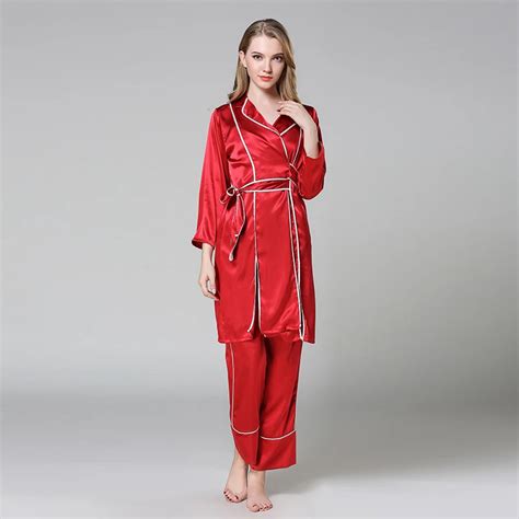 Sexy Red Ladies Satin Sleepwear Pajamas Set Turn Down Collar Sleep Suit Silky Long 2pcs Home