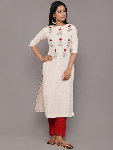 Ivory Red Mogra Embroidered Khadi Kurta And Pants Set Of 2 Cotton