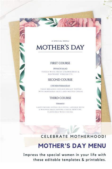 Mothers Day Dinner Menu Floral Menu Template 85 X 11 Printable Menu Mothers Day T T