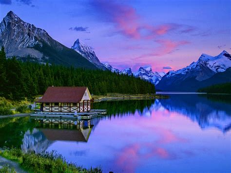 Dusk Lake Colorful Peaceful Canada Slope Park Twilight Mountain
