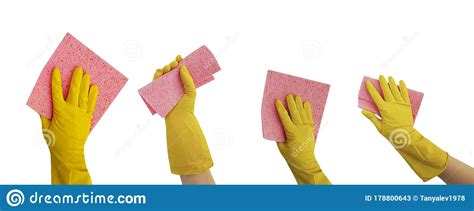 Hand In Yellow Glove For Service Cleaning Rag Isolated House Keeping