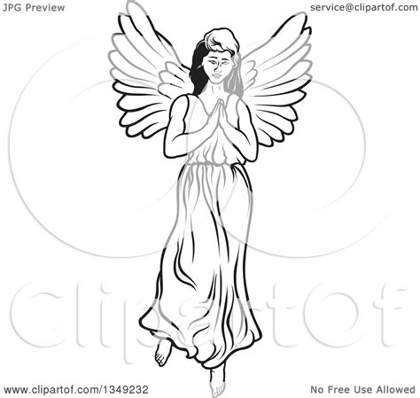 Clipart Of A Black And White Female Angel Praying Royalty Free Vector