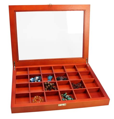 Wood Display Case With 24 Compartments Safe Collecting Supplies