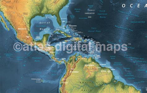 Land And Sea Relief Map Of Central America With Navy Sea Detail Wall