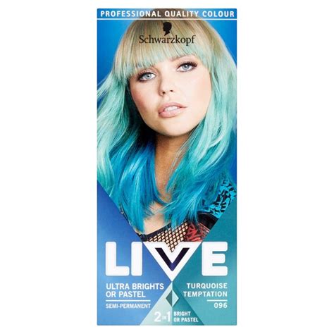 Turquoise blue hair dye for a blue based turquoise hair dye, you can mix manic panic's atomic turquoise (2 parts) with one part of fudge paintbox in whiter shade of pale to make the shade a tad lighter and more pastel teal blue. Morrisons: Schwarzkopf LIVE Ultra Brights 096 Turquoise ...