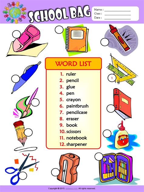 In My Schoolbag Esl Vocabulary Number The Pictures Worksheet For Kids Pdf