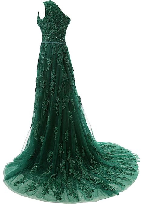 Forest Green Lace Appliqués Tulle Floor Length Prom Dress Featuring One