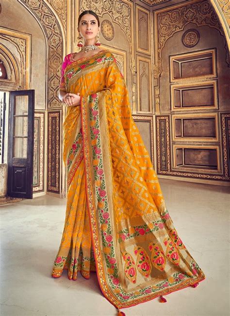 Mustard Jacquard Weaving Heavy Embroidery Work Sari Sf9183 2 Shopneez