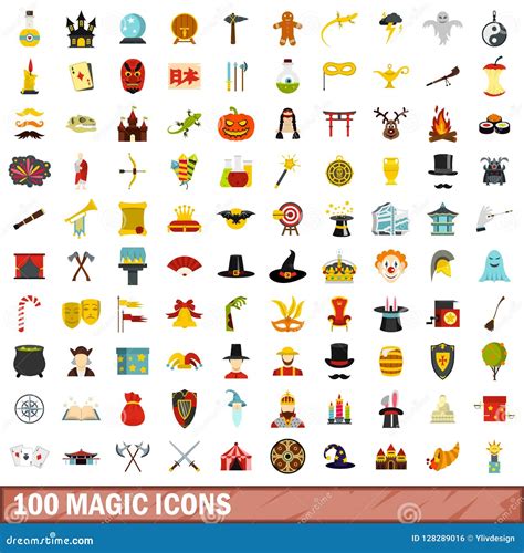 100 Magic Icons Set Flat Style Stock Illustration Illustration Of