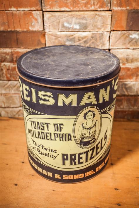 vintage reisman s pretzel tin philadelphia pa toast of philadelphia pretzel storage tin blue
