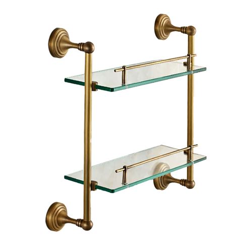 antique brass glass wall mount bathroom shelves