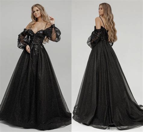 Black Gothic Wedding Dresses Gowns Off Shoulder Long Sleeves Sequins