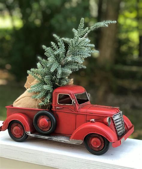 Red Metal Truck With Christmas Tree Large 13 Red Truck Etsy