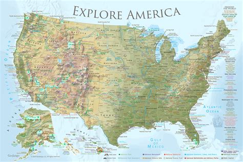 Geojango United States Wall Map Poster Lite Terrain 36x24 Inches
