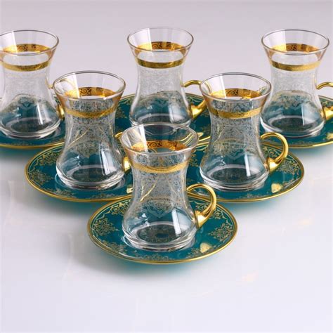 12 Pcs Turquoisse Rumeysa Turkish Tea Set With Holder FairTurk Com