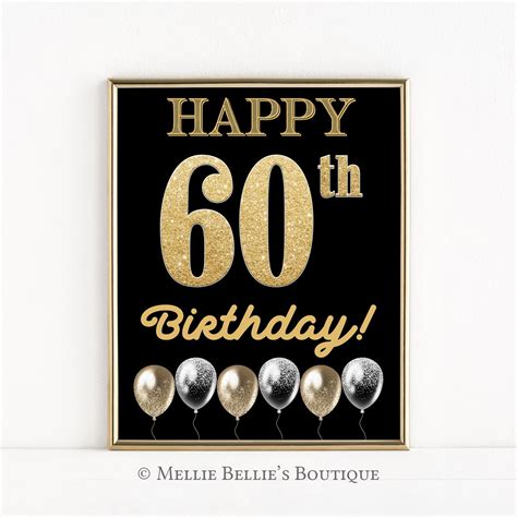 Printable Happy 60th Birthday Sign Gold White Balloons Etsy