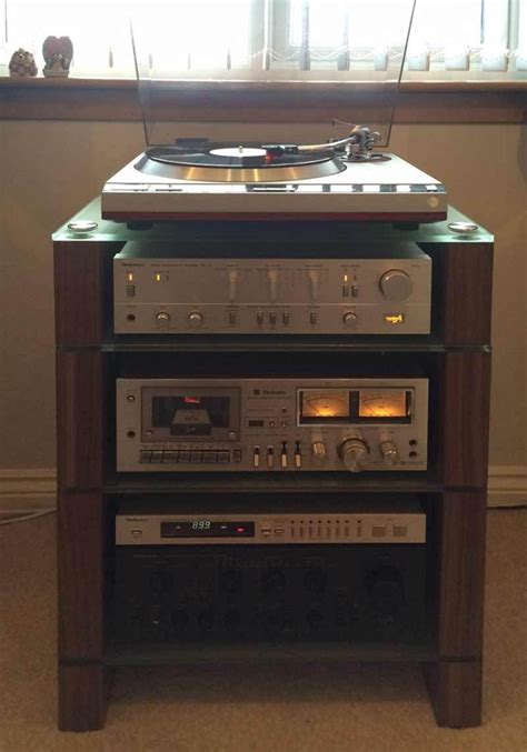 Hifi Stand In Walnut With Etched Glass Shelves And Technics Vintage