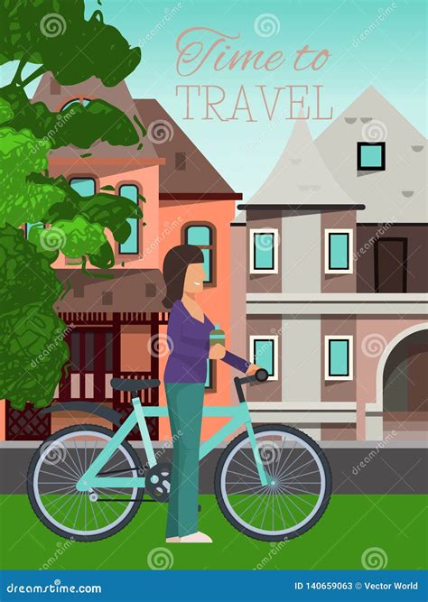 Woman Travels Riding Bicycle Poster Vector Illustration Healthy Lifestyle Outdoor Activities