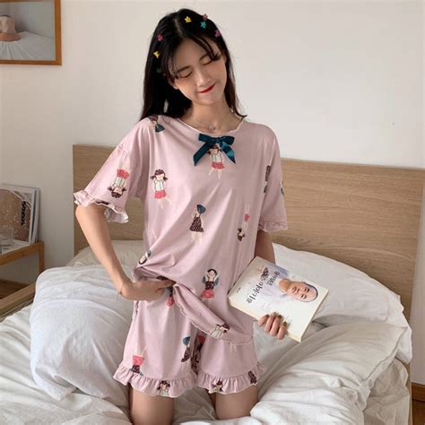 2019 Summer Short Sleeve Pajama Set Kawaii Cartoon Print Sleepwear For