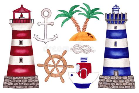 Set Of Cute Nautical Illustrations Hand Painted Watercolor