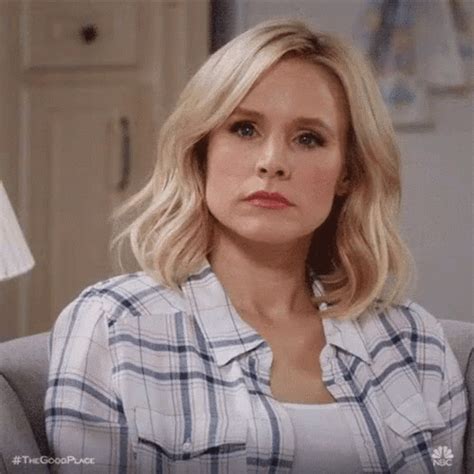 the good place show kristen bell as eleanor shellstrop shaking my head reaction