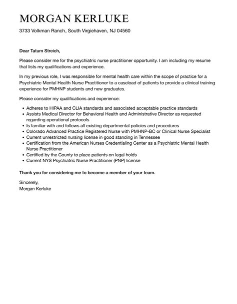 Psychiatric Nurse Practitioner Cover Letter | Velvet Jobs