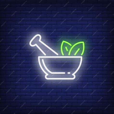 Free Vector Mortar Pestle And Leaves Neon Sign