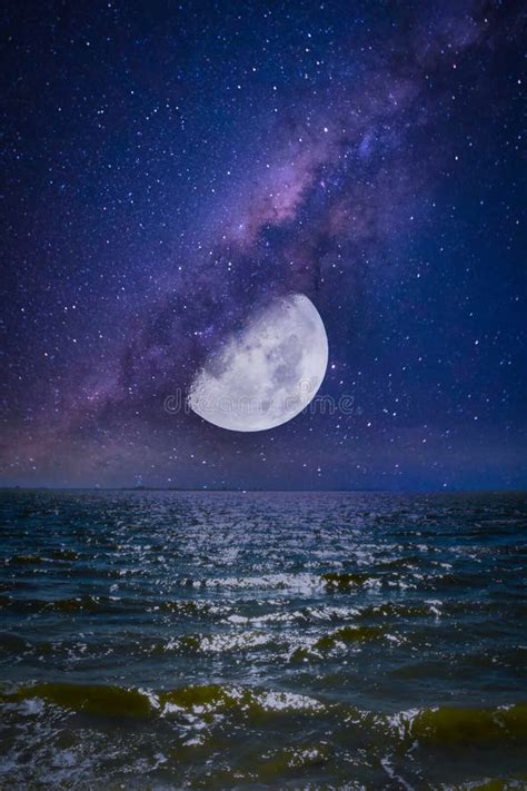 Moonset Moonrise Over The Ocean In The Galaxy Space Dream Image Stock