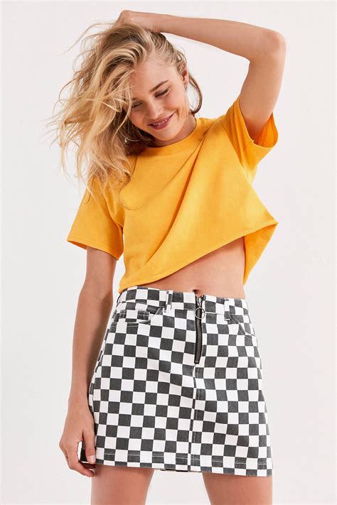 Bdg Checkered Denim Zip Mini Skirt Mini Skirts Checkered Skirt Checkered Skirt Outfit