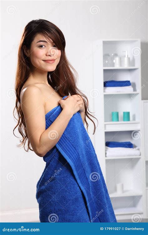 beautiful oriental woman wearing blue bath towel stock image image of lady portrait 17991027
