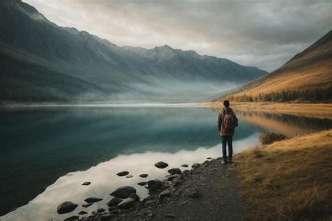 Premium Photo A Man Stands On The Shore Of A Mountain Lake