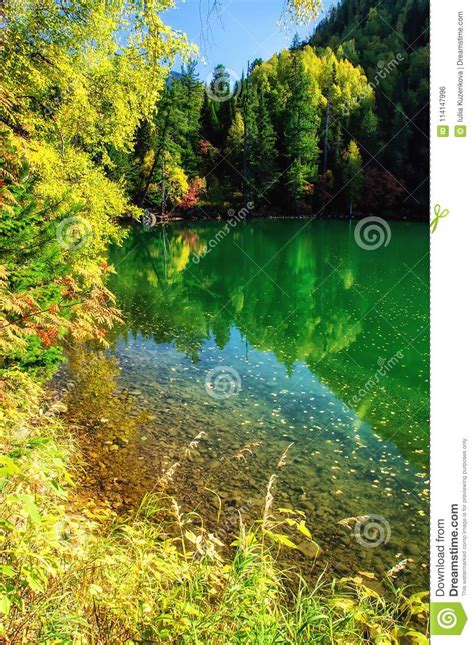 Mountain Autumn Green Siberia Lake With Reflection Stock Photo Image