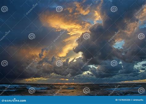 Seashore Sky Orange Tones Heavy Clouds And Sea Waves Beautiful Nature