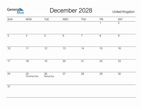 Printable December 2028 Monthly Calendar With Holidays For United Kingdom
