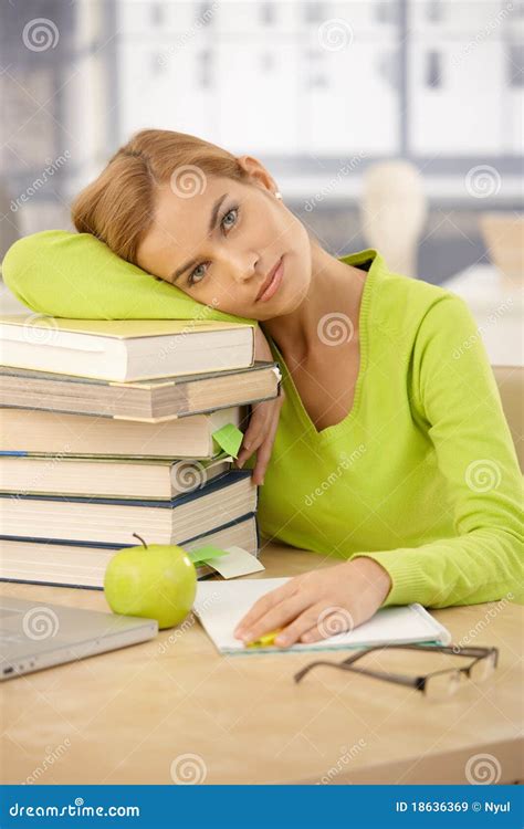 College Girl Relaxing With Head On Books Stock Image Image Of American Books 18636369
