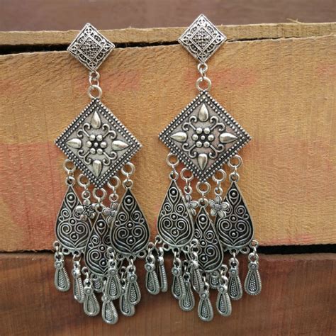 Unique Designer Big Oxidized Silver Earrings