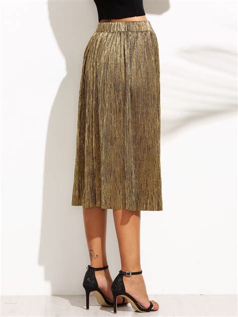 Golden Metallic Pleated Midi Skirt Sheinsheinside