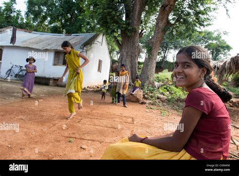 Indian Girls Playing Games In A Rural Indian Village Andhra Pradesh