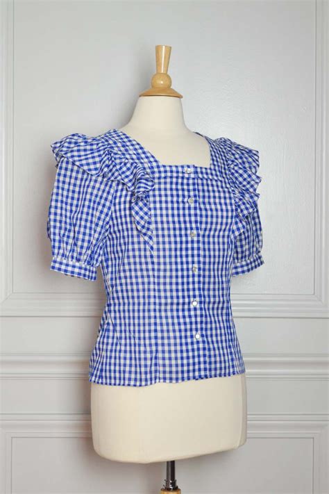 Sale Top Shirt Gingham Plaid Ruffles Blue And White Etsy