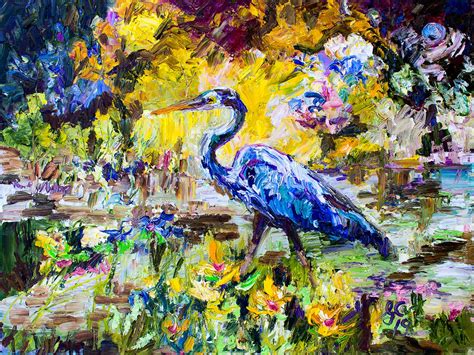 Russian Impressionist Influenced Wetland Oil Painting Blue Heron