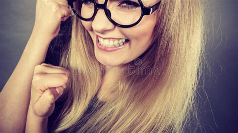 Closeup Woman Happy Face With Eyeglasses Stock Image Image Of Weird