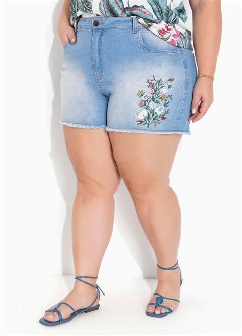 Short Jeans Com Bordado Plus Size Marguerite