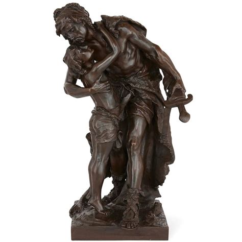 Antique Patinated Bronze Sculpture Of A Father And Son Embracing By