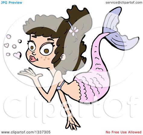 Clipart Of A Cartoon Brunette White Mermaid Blowing A Kiss Royalty